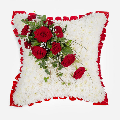 Cushion SYM-333 - White Massed 43cm x 43cm Cushion with Red Rose Spray.