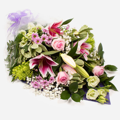 Funeral Flowers SYM-336 - Funeral Flowers in Cellophane Pink, Green & White. A beautiful and classic arrangement to send for a funeral.
