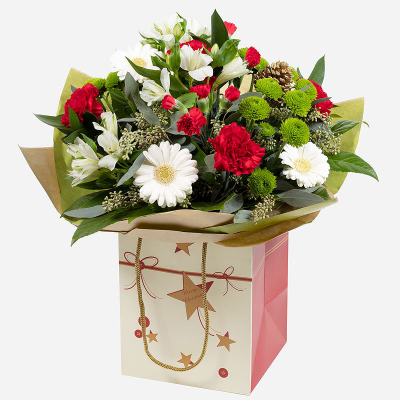 Holiday Splendour - A classic Christmas bouquet delivered in a festive gift bag, Holiday Splendour is certain to be a hit. Put together by hand and delivered by a florist local to you. Delivery right up to Christmas Eve 2023