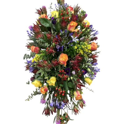 Mixed Double Spray - A stunning natural-style casket spray in vibrant seasonal colours, expertly handcrafted for a beautiful farewell.