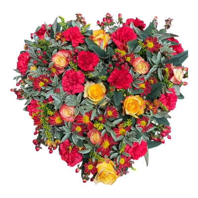 Mixed Heart - A rich and colourful heart tribute featuring vibrant seasonal blooms, lovingly arranged as a meaningful farewell.
