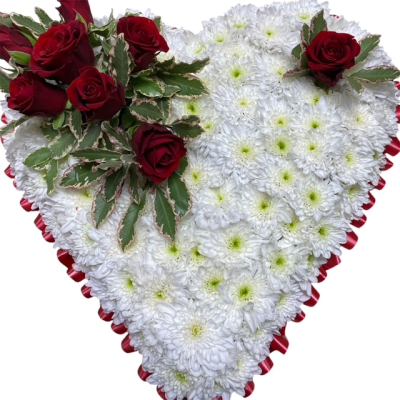 White Heart with Red - A traditional heart tribute with a white floral base and red rose spray, lovingly handcrafted as a heartfelt farewell.