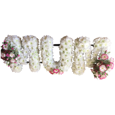 MUM Funeral Letters - A beautiful white letter tribute with delicate pink floral clusters, handcrafted as a personalised farewell.