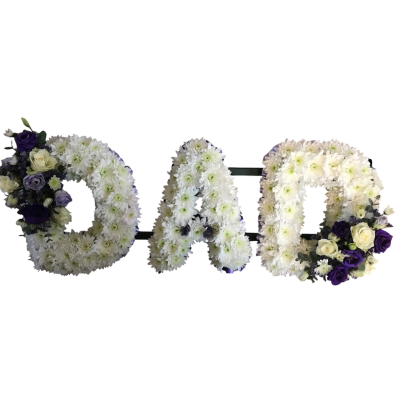 DAD Funeral Tribute - A classic white letter tribute with elegant purple and ivory floral sprays, personalised to honour a loved one.