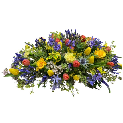 Double Spray Thistles - A vibrant natural-style casket spray in yellow, blue and orange tones, beautifully handcrafted with seasonal flowers.